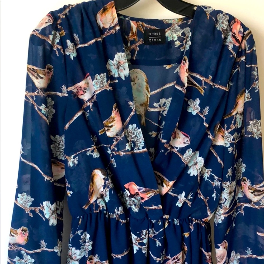 Boutique Faux Wrap Dress with Navy Bird Pattern